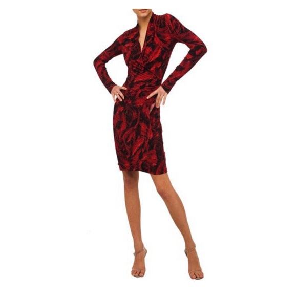Norma Kamali Red Black Jersey Faux Wrap Dress Long Sleeve V-Neck Size Small - Picture 1 of 8